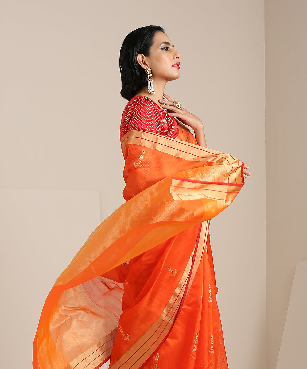 Orange_Handloom_Chanderi_Silk_Saree_With_Gold_Zari_Booti_WeaverStory_01