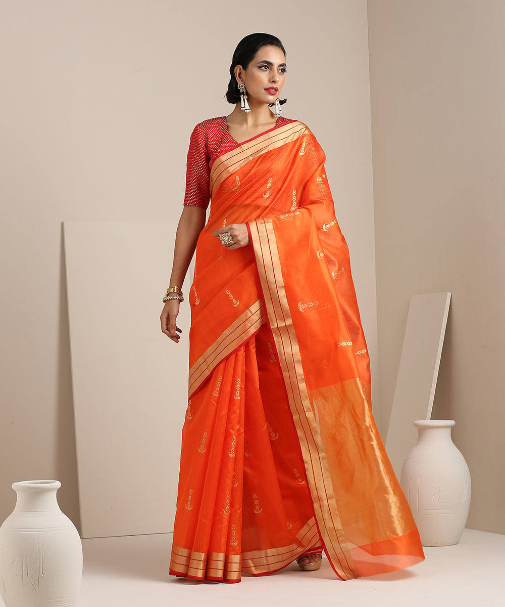 Orange_Handloom_Chanderi_Silk_Saree_With_Gold_Zari_Booti_WeaverStory_02