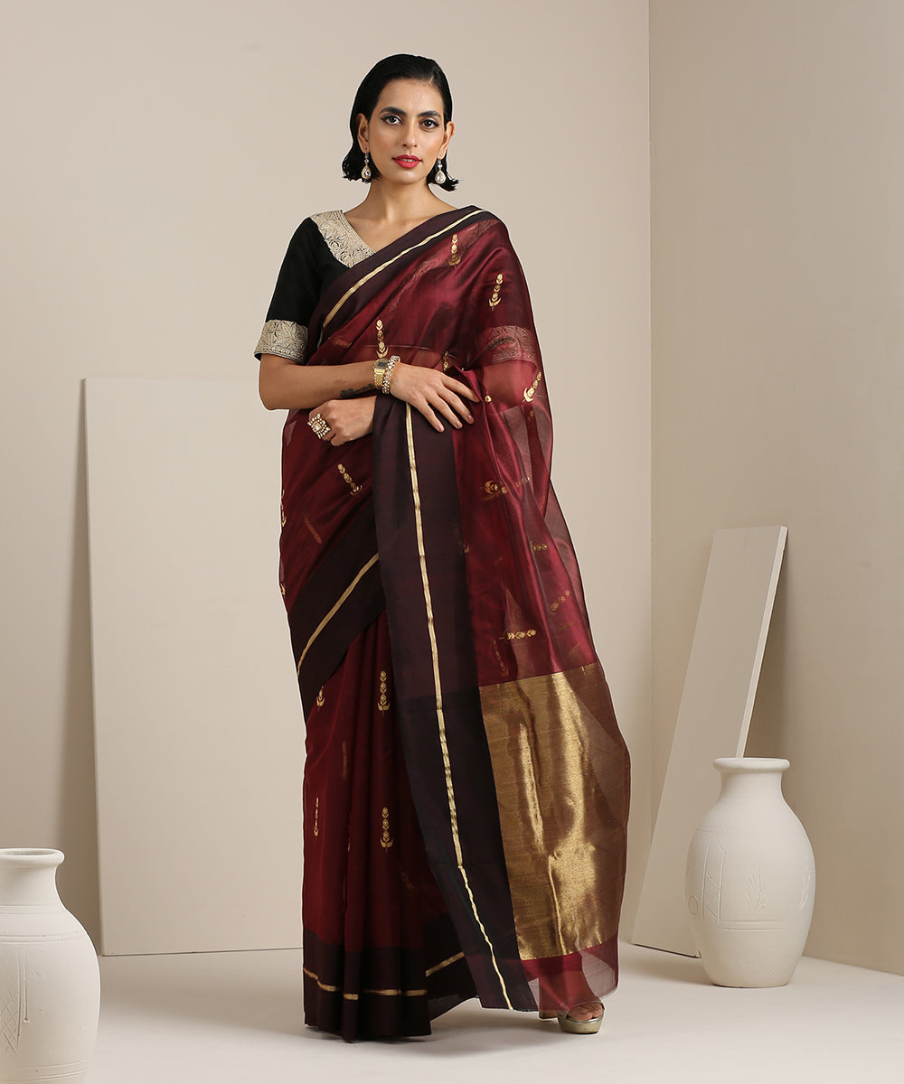 Handloom_Maroon_Chanderi_Silk_Saree_With_Gold_Zari_Booti_WeaverStory_02