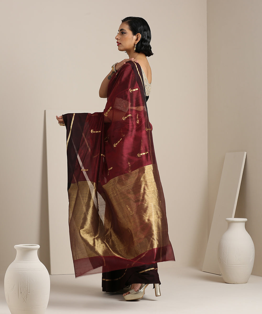 Handloom_Maroon_Chanderi_Silk_Saree_With_Gold_Zari_Booti_WeaverStory_03