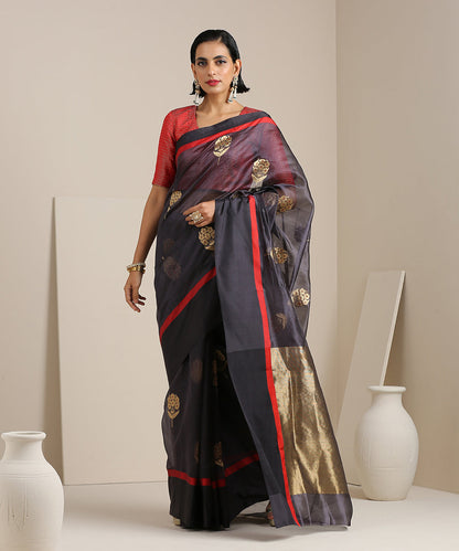 Charcoal_Handloom_Chanderi_Silk_Saree_With_Floral_Boota_And_Resham_Border_WeaverStory_02