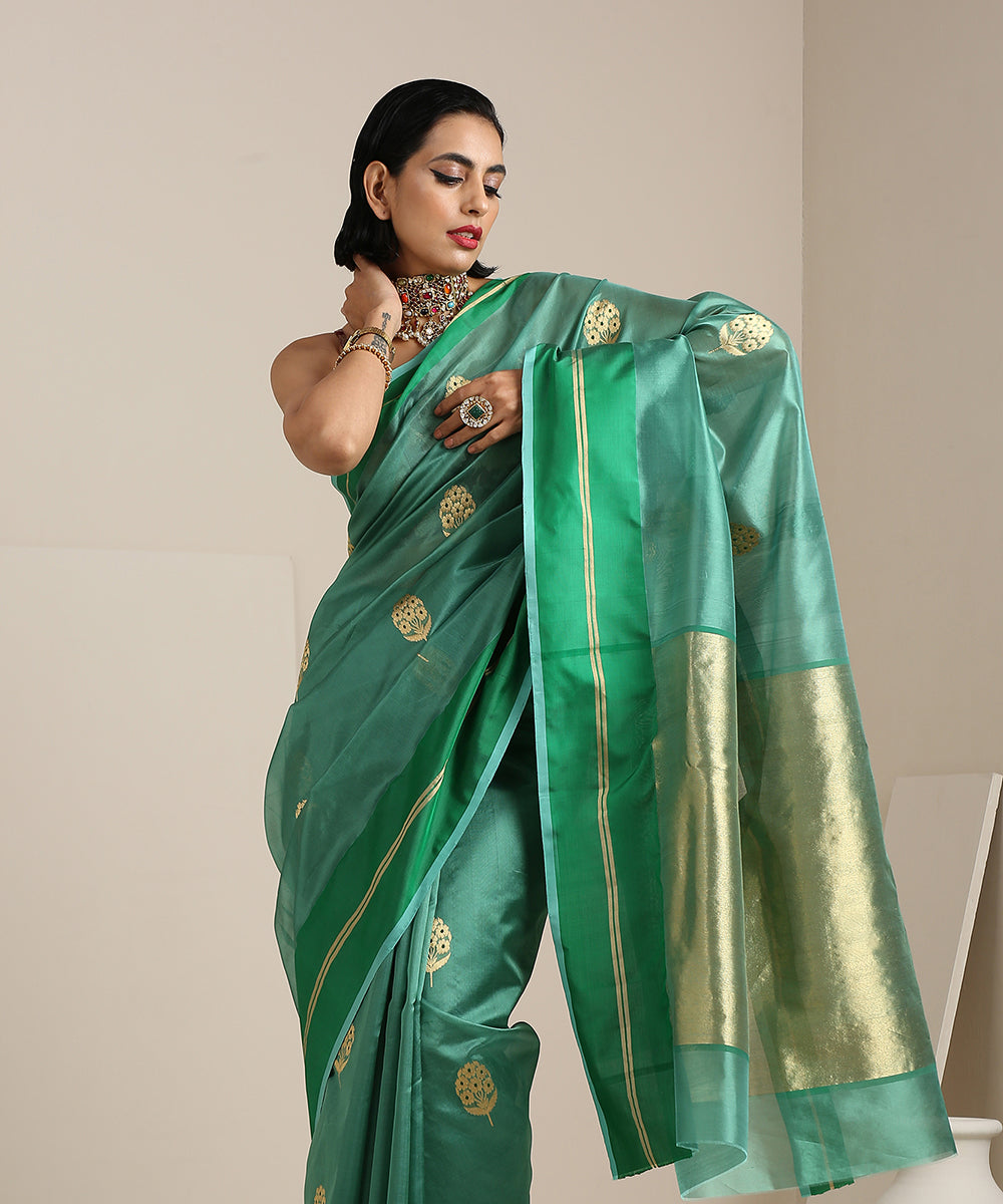 Sage_Green_Handloom_Chanderi_Silk_Saree_With_Floral_Boota_And_Resham_Border_WeaverStory_01