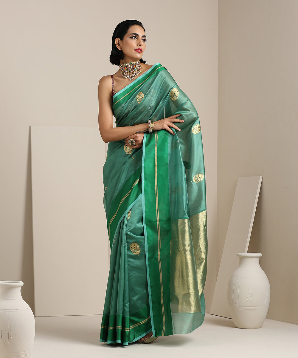 Sage_Green_Handloom_Chanderi_Silk_Saree_With_Floral_Boota_And_Resham_Border_WeaverStory_02