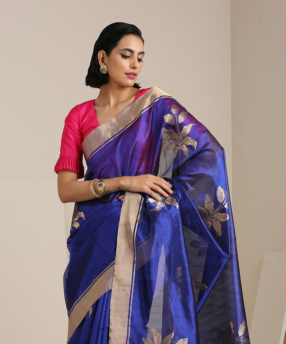 Handloom_Blue_Chanderi_Silk_Saree_With_Zari_Boota_and_Golden_Border_WeaverStory_01