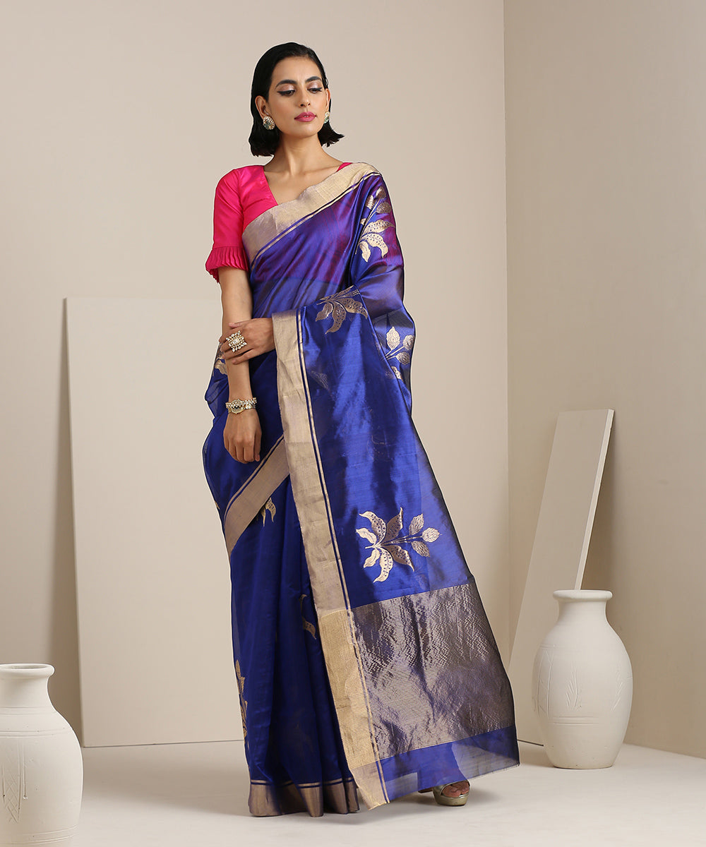 Handloom_Blue_Chanderi_Silk_Saree_With_Zari_Boota_and_Golden_Border_WeaverStory_02