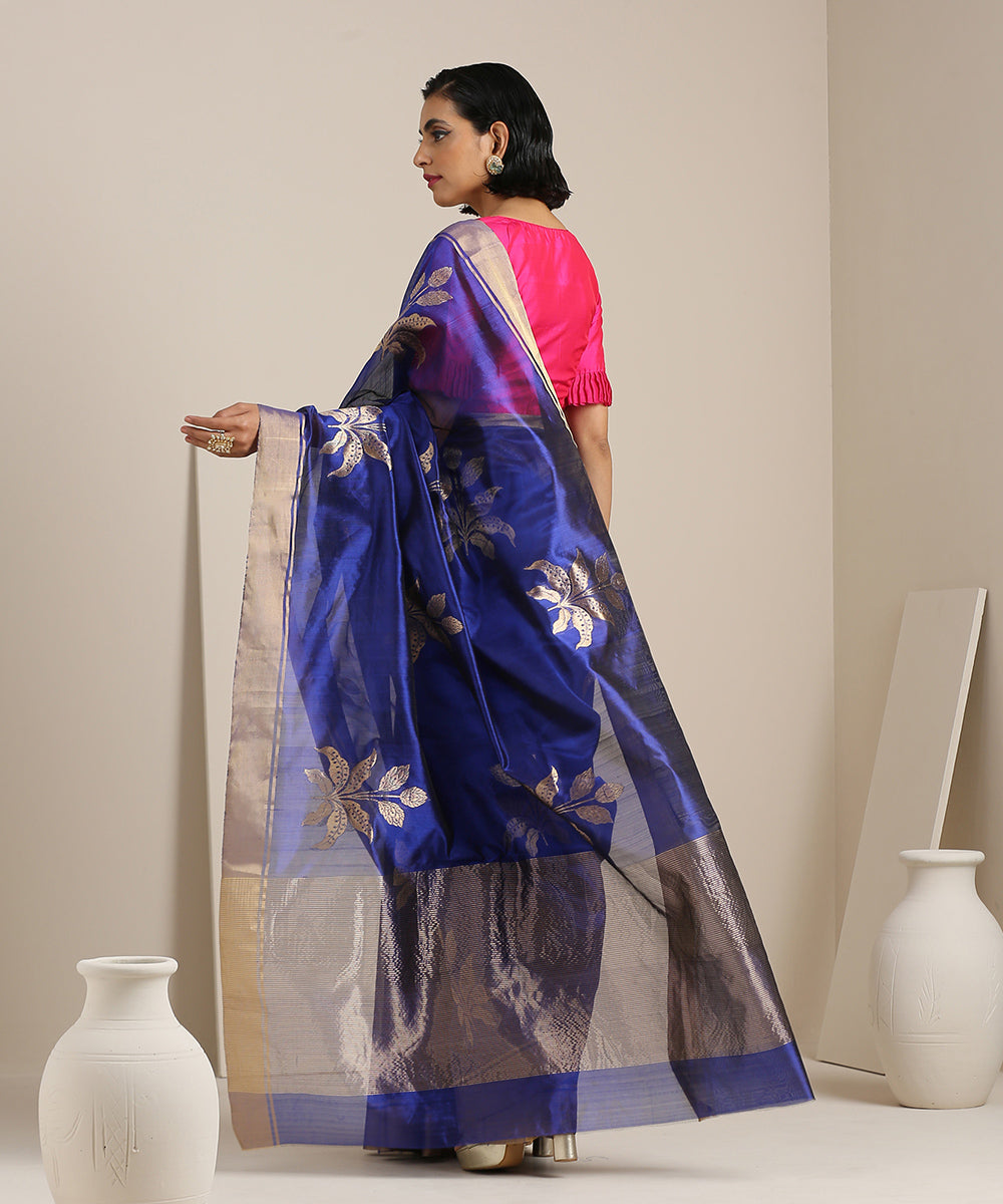 Handloom_Blue_Chanderi_Silk_Saree_With_Zari_Boota_and_Golden_Border_WeaverStory_03