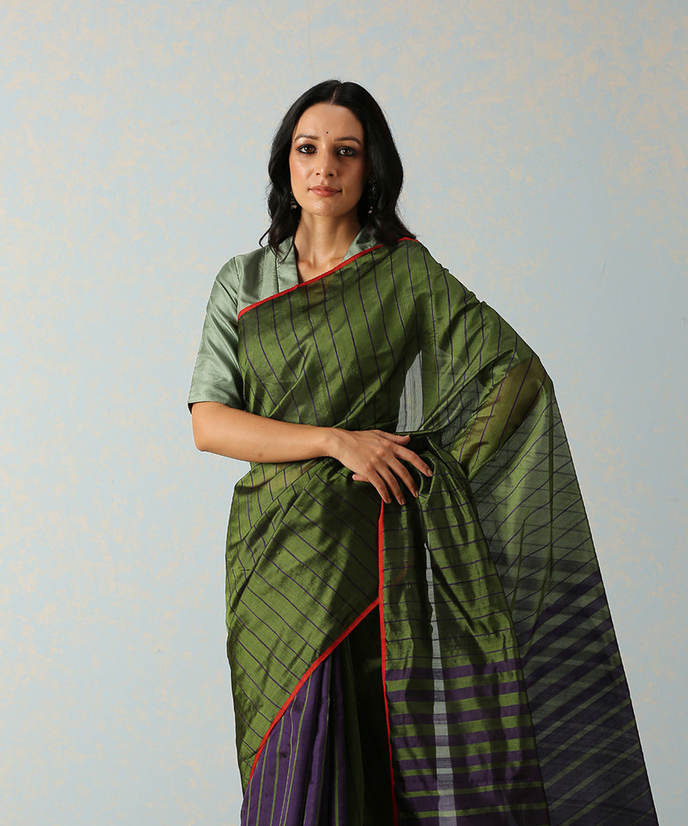 Green_Handloom_Eknaliya_Chanderi_Silk_Saree_With_Blue_Stripes_WeaverStory_01