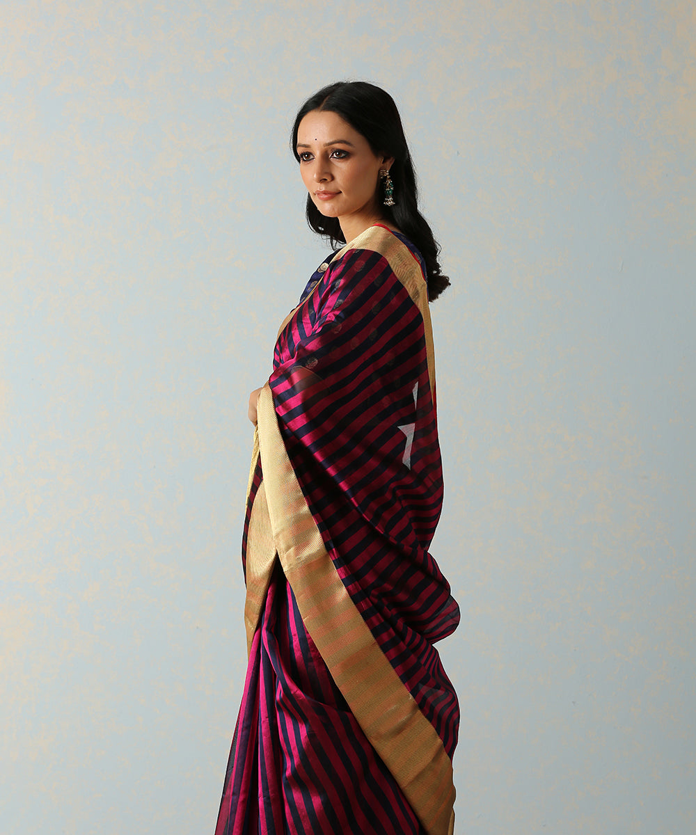 Plum_And_Blue_Handloom_Striped_Chanderi_Saree_With_Zari_Border_WeaverStory_01