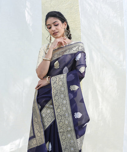 Navy_Blue_Handloom_Kora_Silk_Banarasi_Saree_With_Gold_And_Silver_Leaf_Booti_WeaverStory_01