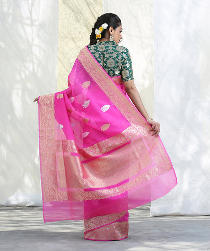 Handloom_Hot_Pink_Kora_Silk_Banarasi_Saree_With_Gold_And_Silver_Leaf_Booti_WeaverStory_03