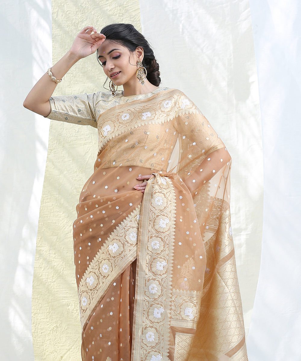 Brown_Handloom_Kora_Silk_Banarasi_Saree_With_Small_Gold_And_Silver_Zari_Booti_WeaverStory_01