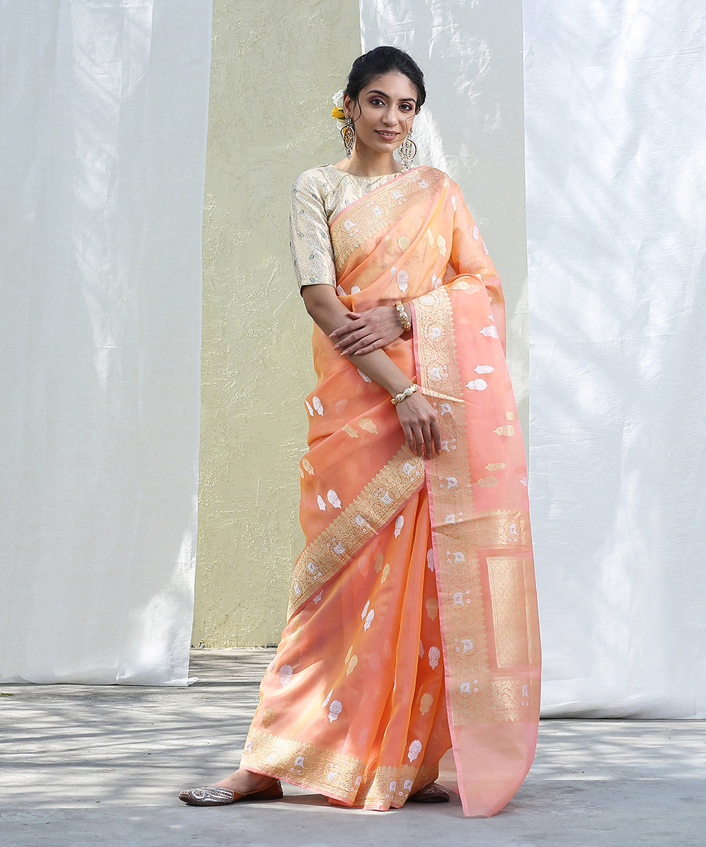 Peach_Handloom_Kora_Silk_Banarasi_Saree_With_Gold_And_Silver_Zari_Booti_WeaverStory_02