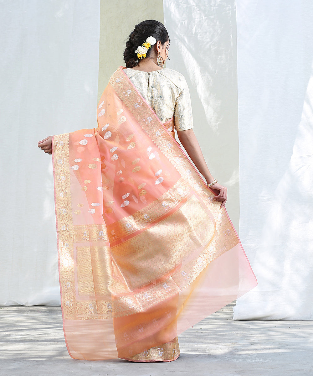 Peach_Handloom_Kora_Silk_Banarasi_Saree_With_Gold_And_Silver_Zari_Booti_WeaverStory_03