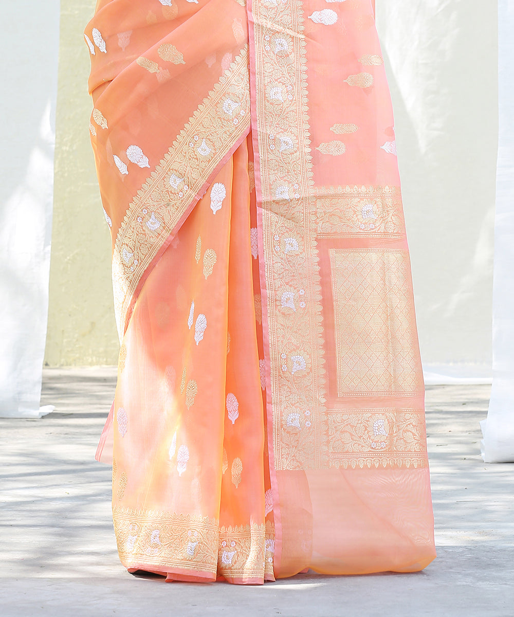 Peach_Handloom_Kora_Silk_Banarasi_Saree_With_Gold_And_Silver_Zari_Booti_WeaverStory_04