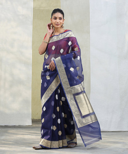 Handloom_Blue_Kora_Silk_Banarasi_Saree_With_Gold_And_Silver_Zari_Booti_WeaverStory_02