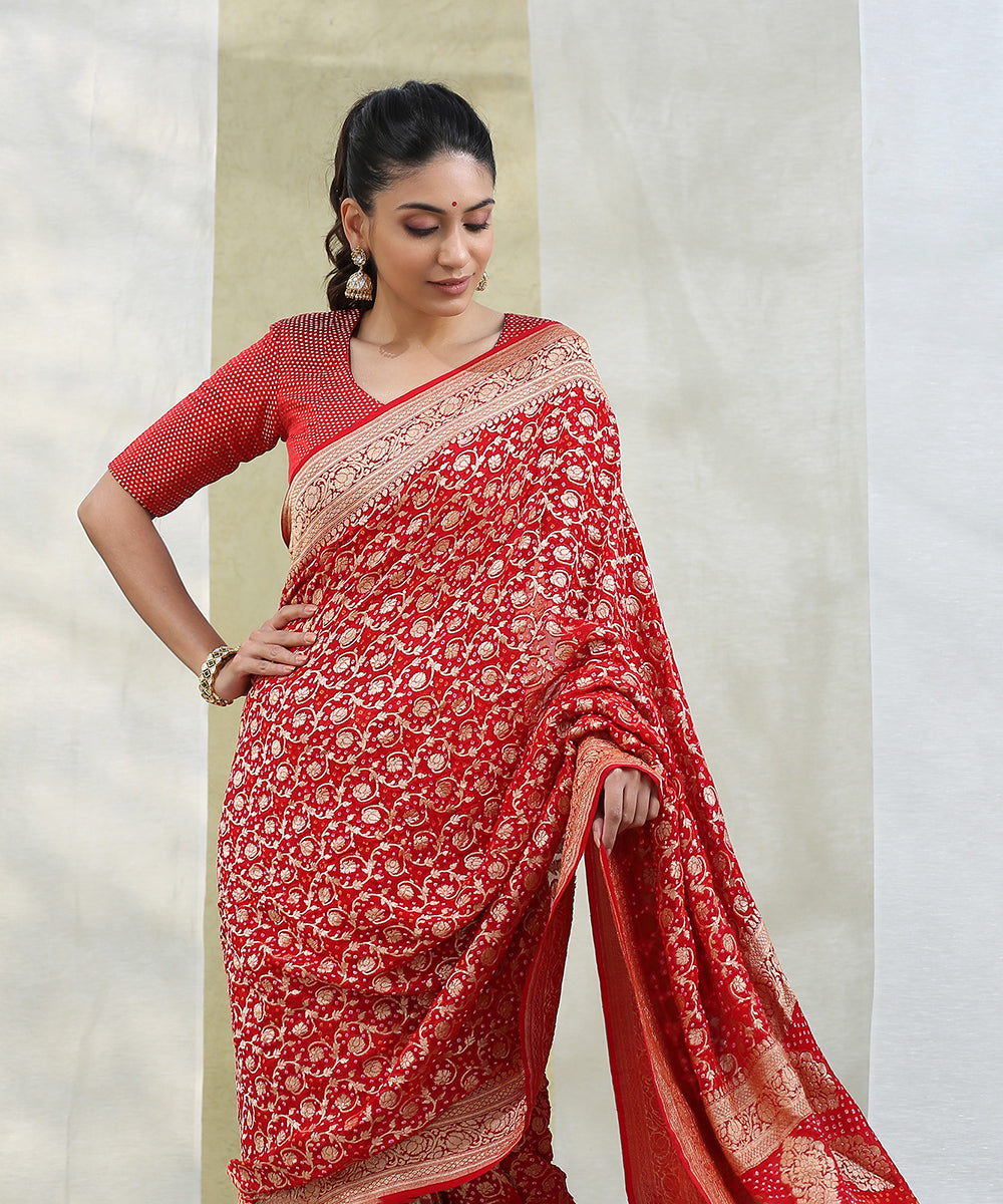 Red_Handloom_Banarasi_Georgette_Bandhani_Saree_with_Cutwork_Weave_WeaverStory_01