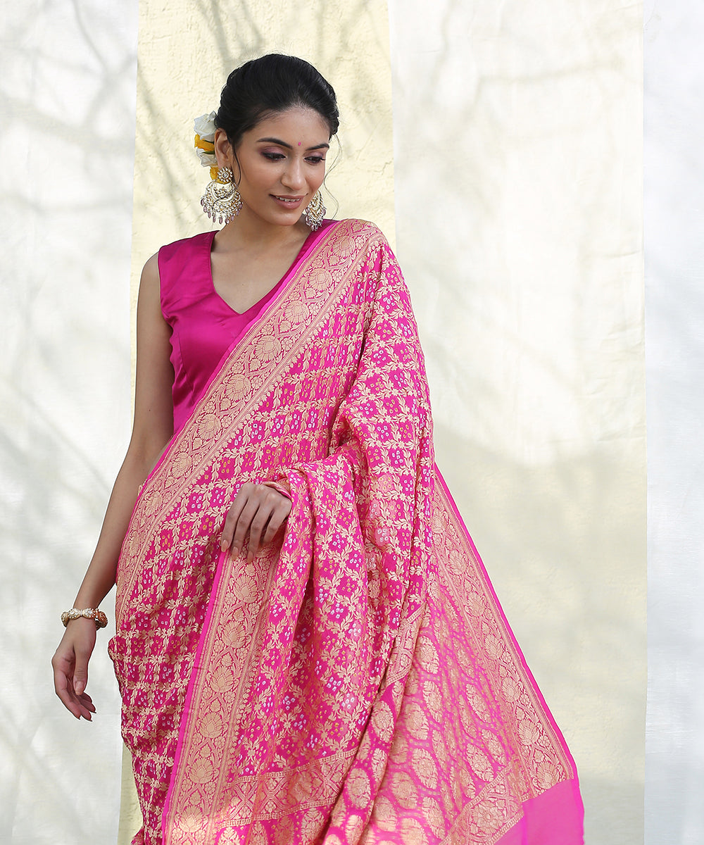 Handloom_Pink_Banarasi_Cutwork_Georgette_Bandhani_Saree_WeaverStory_01