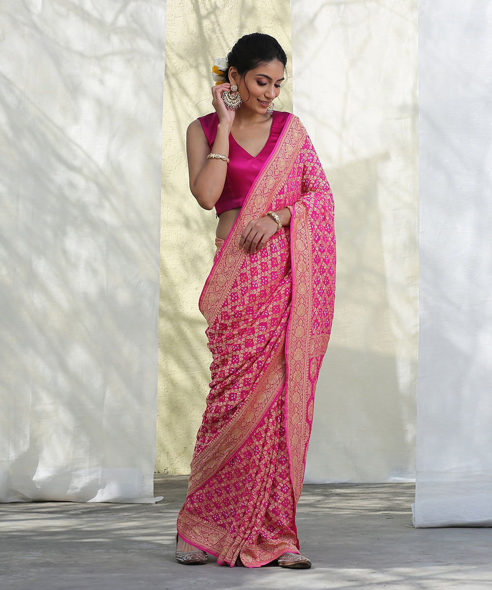 Buy Bunai Fusion Hot Pink Georgette Bandhani Print Saree Online