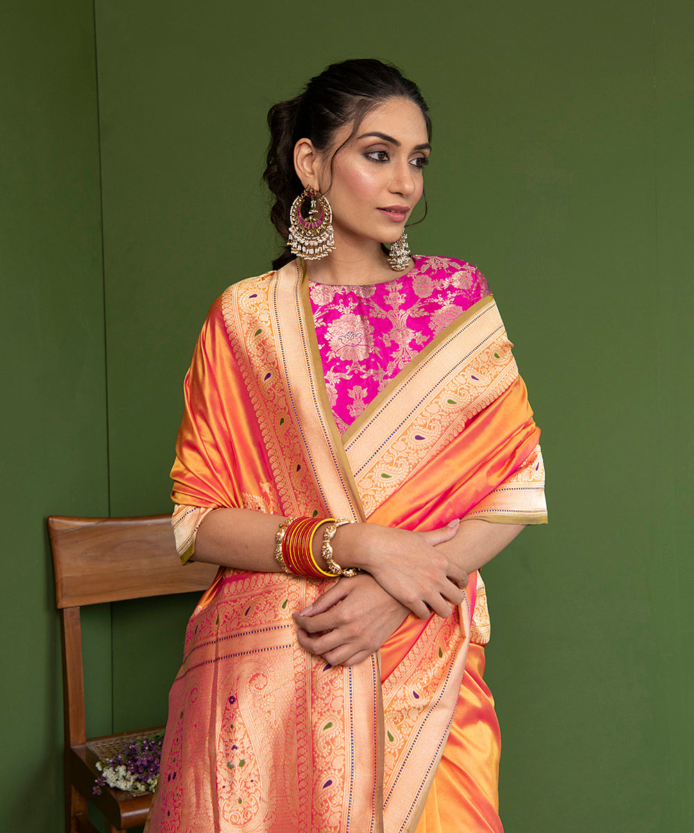 Handloom_Orange_And_Gold_Dual_Tone_Plain_Pure_Katan_Silk_Banarasi_Saree_With_Konia_WeaverStory_01