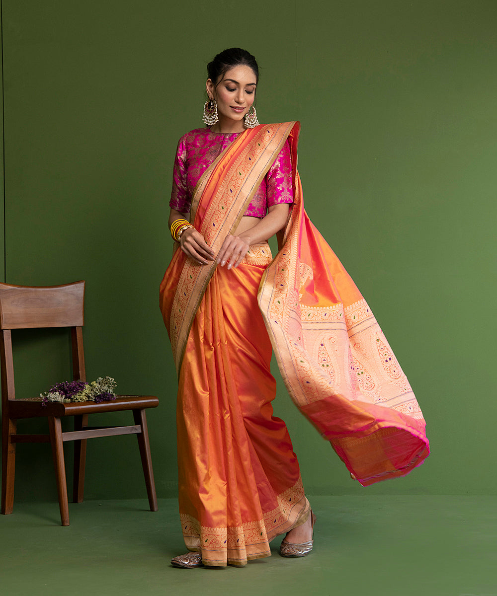 Handloom_Orange_And_Gold_Dual_Tone_Plain_Pure_Katan_Silk_Banarasi_Saree_With_Konia_WeaverStory_02