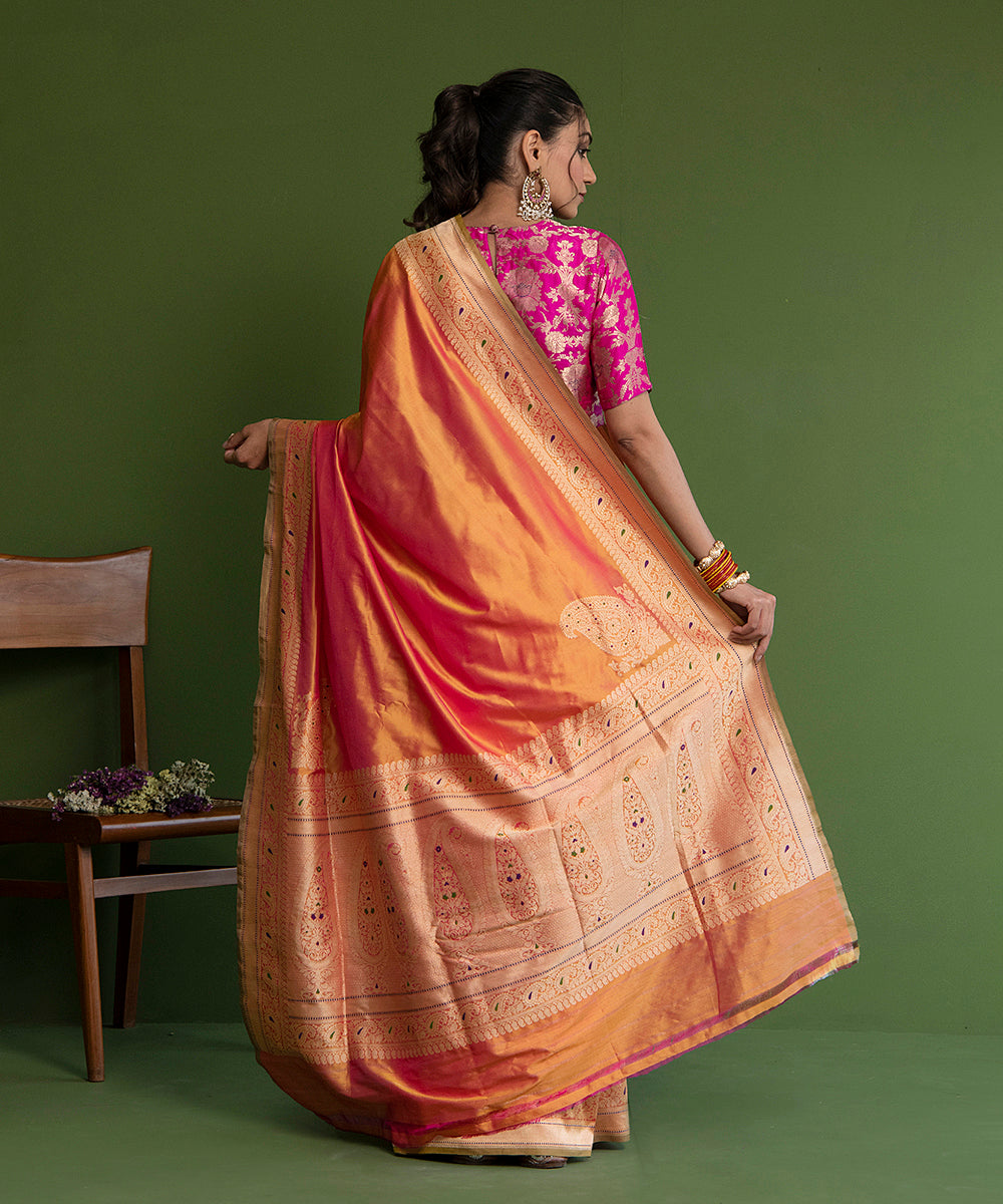 Handloom_Orange_And_Gold_Dual_Tone_Plain_Pure_Katan_Silk_Banarasi_Saree_With_Konia_WeaverStory_03