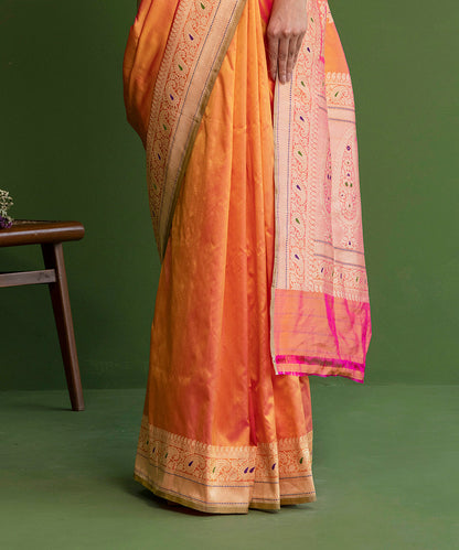 Handloom_Orange_And_Gold_Dual_Tone_Plain_Pure_Katan_Silk_Banarasi_Saree_With_Konia_WeaverStory_04