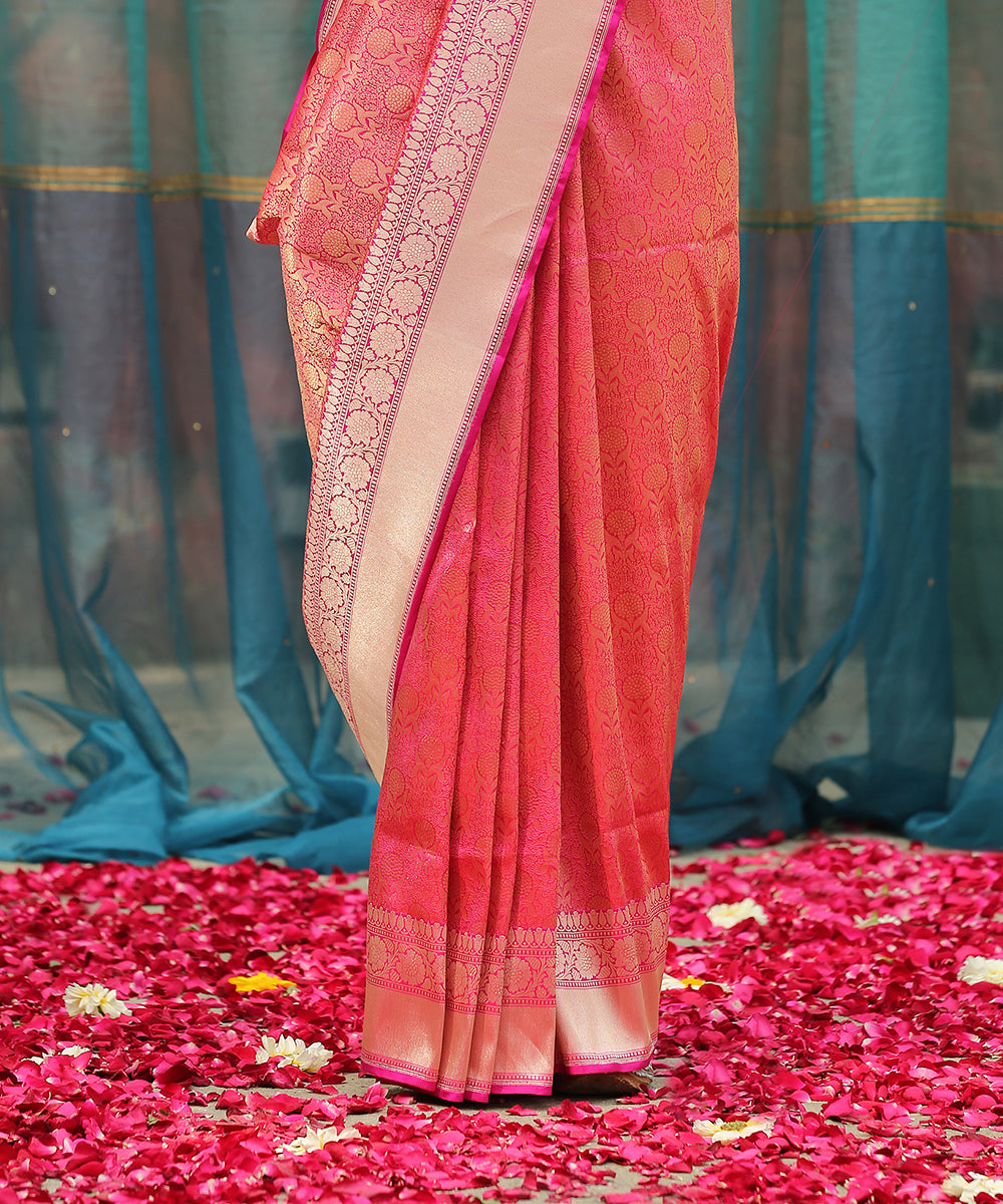 Hot_Pink_Handloom_Zari_Kimkhab_Pure_Katan_Silk_Banarasi_Saree_With_Floral_Border_WeaverStory_04