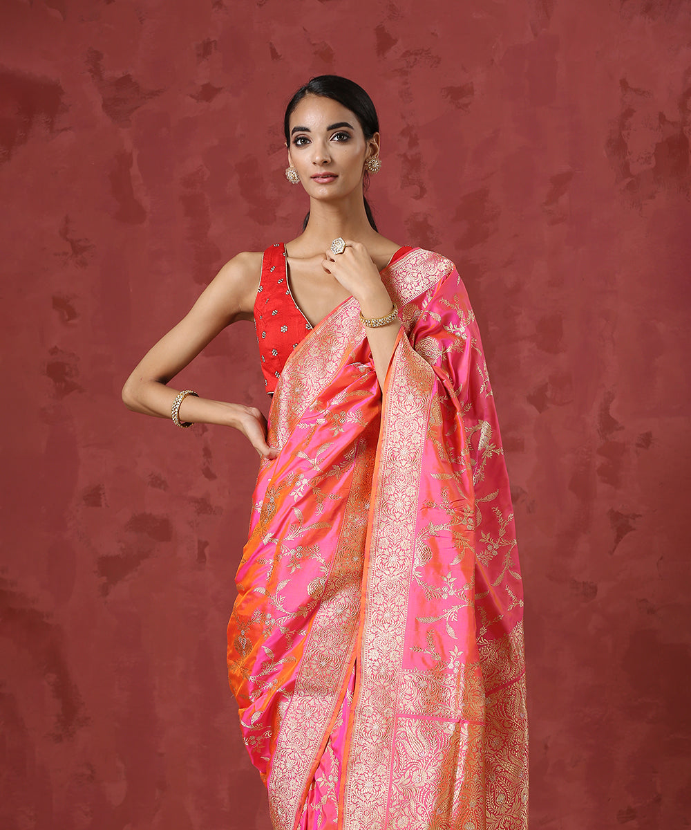 Handloom_Orange_and_Pink_Pure_Katan_Silk_Banarasi_Saree_with_Sona_Rupa_Jaal_WeaverStory_01