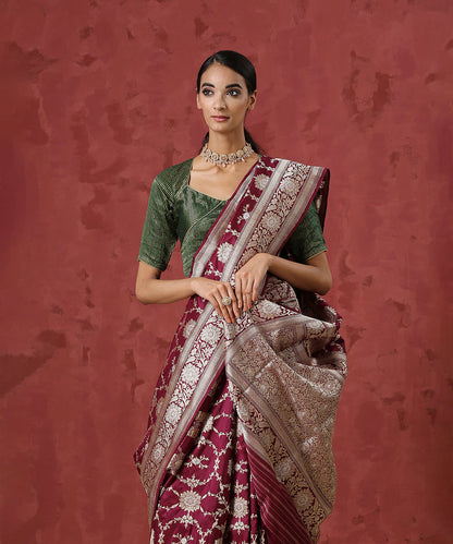 Handloom_Wine_Pure_Katan_Silk_Banarasi_Saree_with_Bareek_Sona_Rupa_Jaal_WeaverStory_01