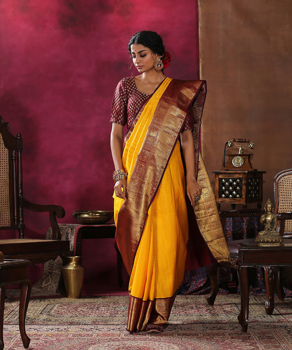 Yellow_Handloom_Pure_Silk_Kanjivaram_Saree_With_Wine_And_Gold_Border_WeaverStory_02