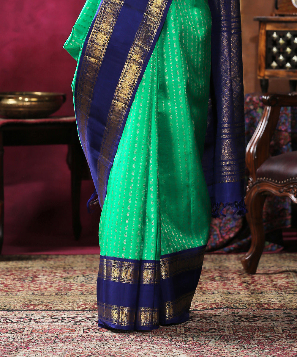 Parrot Green and Blue color Banarasi sarees with all over zari butis almond  zari weaving beautiful