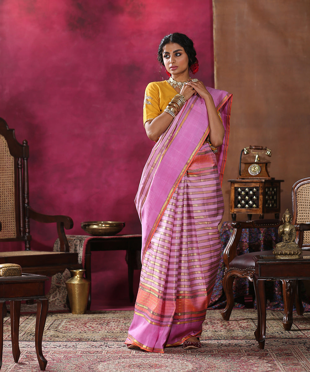 Handloom_Peach_And_Pink_Pure_Zari_Kanjivaram_Saree_With_Traditional_Veldhari_WeaverStory_02