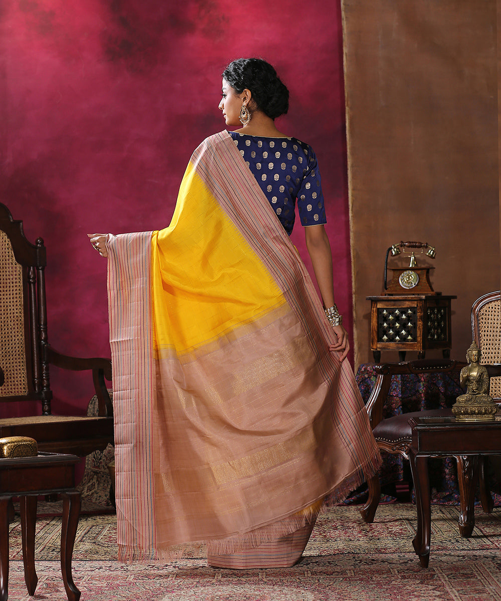 Handloom_Yellow_Pure_Silk_Kanjivaram_Saree_With_Beige_Colorful_Stripes_Border_WeaverStory_03