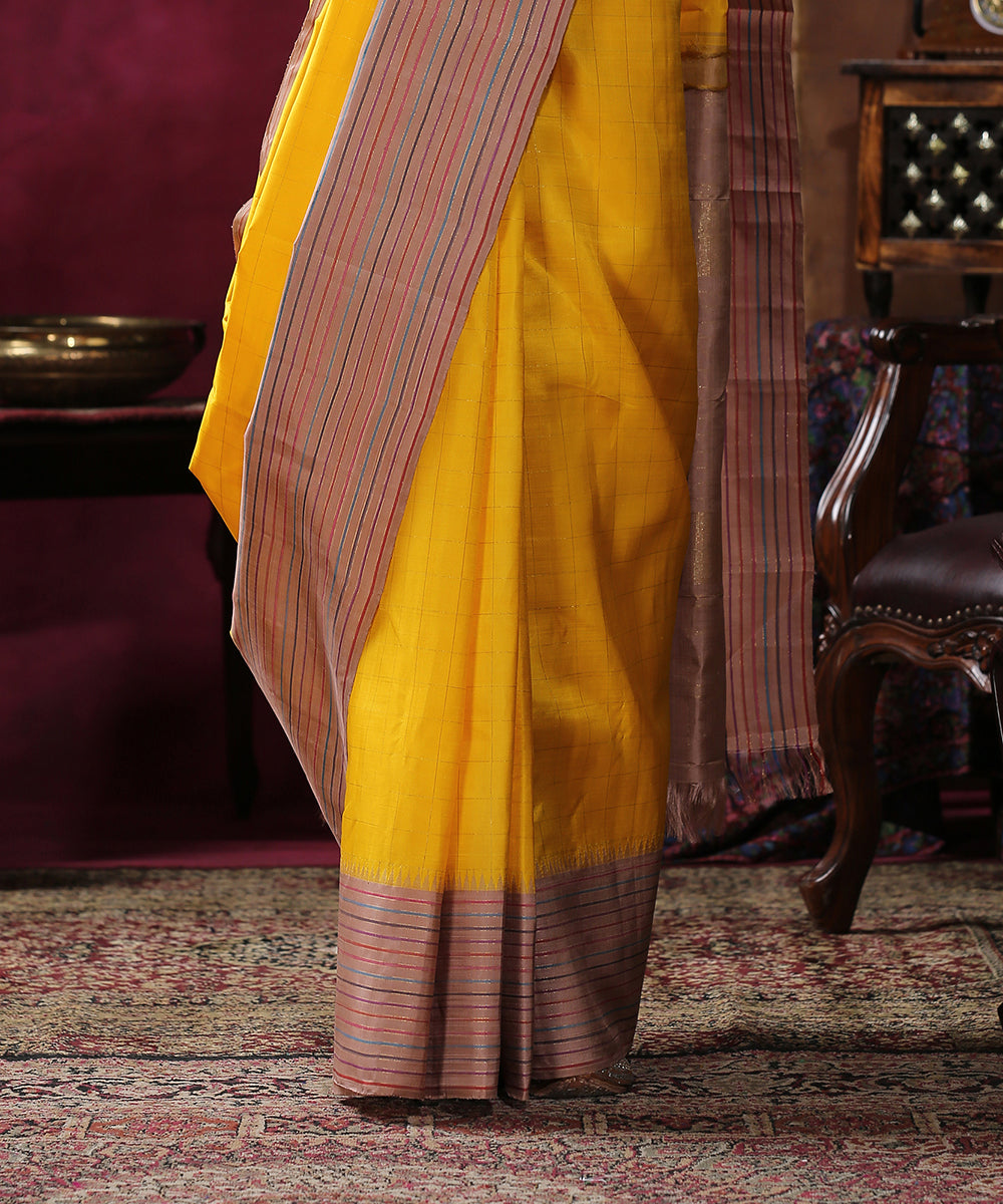 Handloom_Yellow_Pure_Silk_Kanjivaram_Saree_With_Beige_Colorful_Stripes_Border_WeaverStory_04