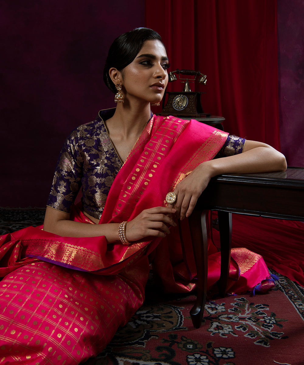 Hot_Pink_Handloom_Pure_Zari_Kanjivaram_Silk_Saree_With_All_Over_Checks_WeaverStory_01