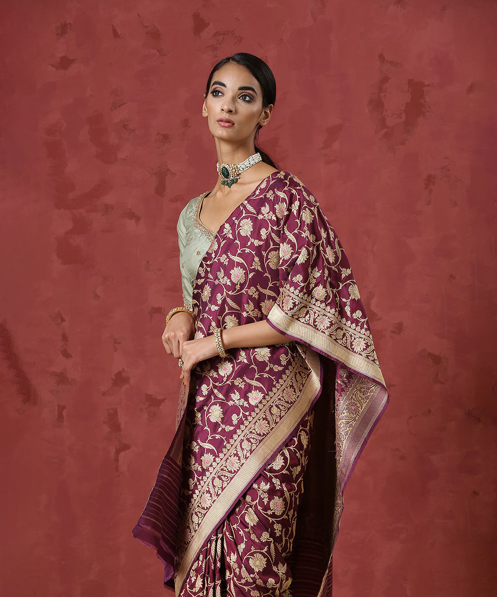 Wine_Handloom_Pure_Katan_Silk_Banarasi_Saree_with_Lotus_Flower_Motifs_WeaverStory_01