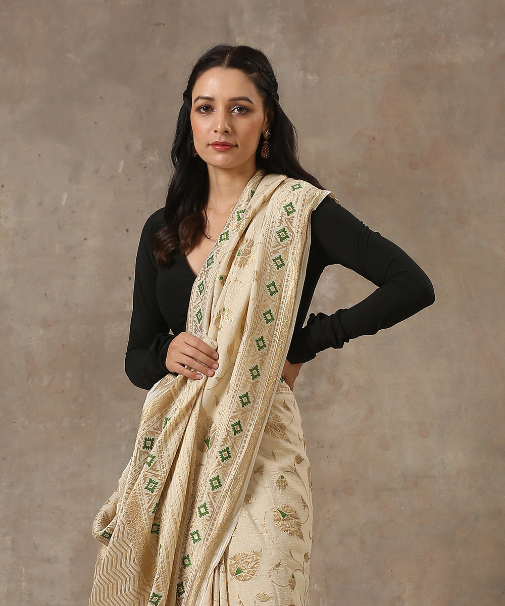 Handloom_Beige_Moonga_Silk_Banarasi_Saree_With_Cutwork_Jaal_WeaverStory_01