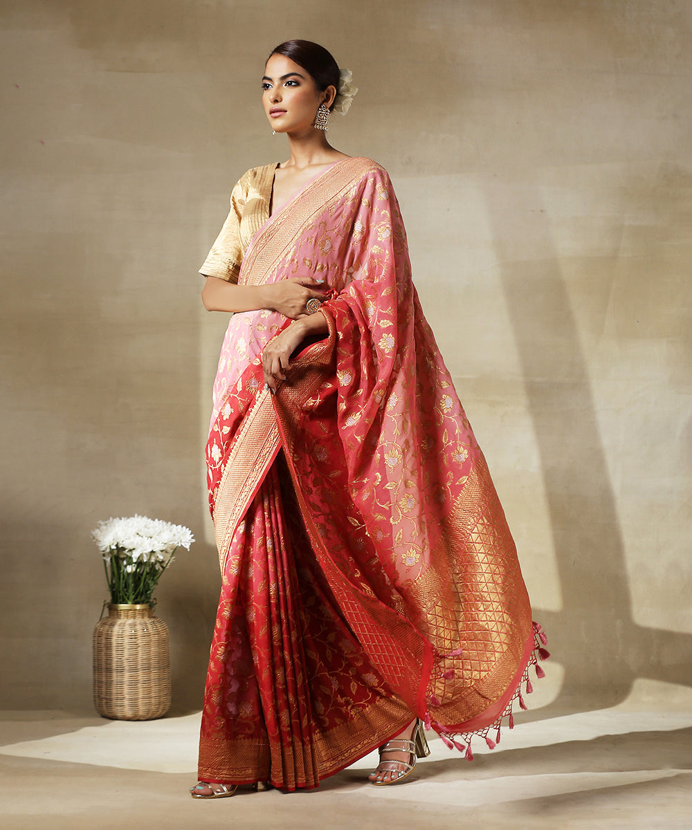 Handloom_Rust_And_Pink_Banarasi_Georgette_Saree_With_All_Over_Floral_Jaal_WeaverStory_02