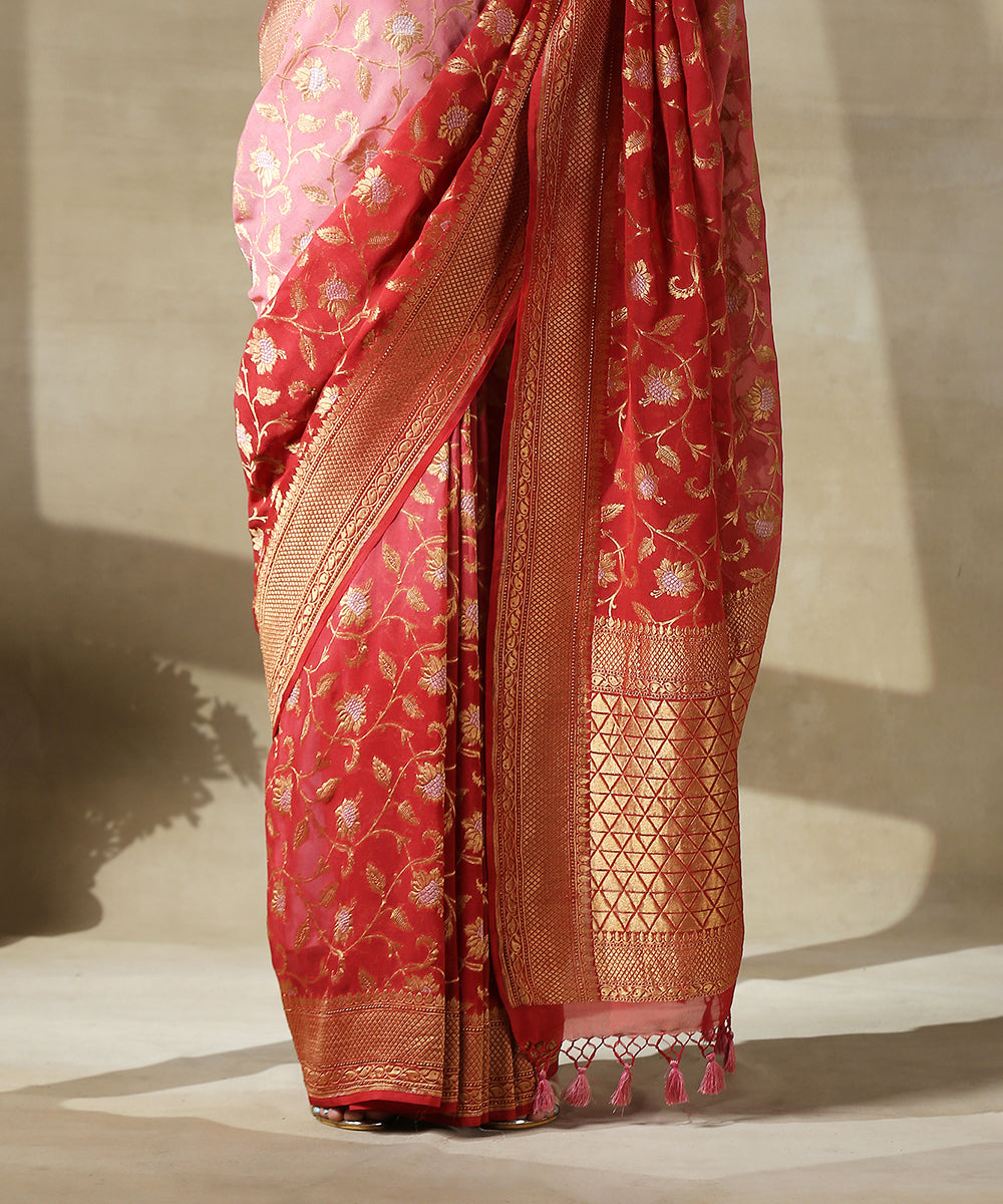 Handloom_Rust_And_Pink_Banarasi_Georgette_Saree_With_All_Over_Floral_Jaal_WeaverStory_04