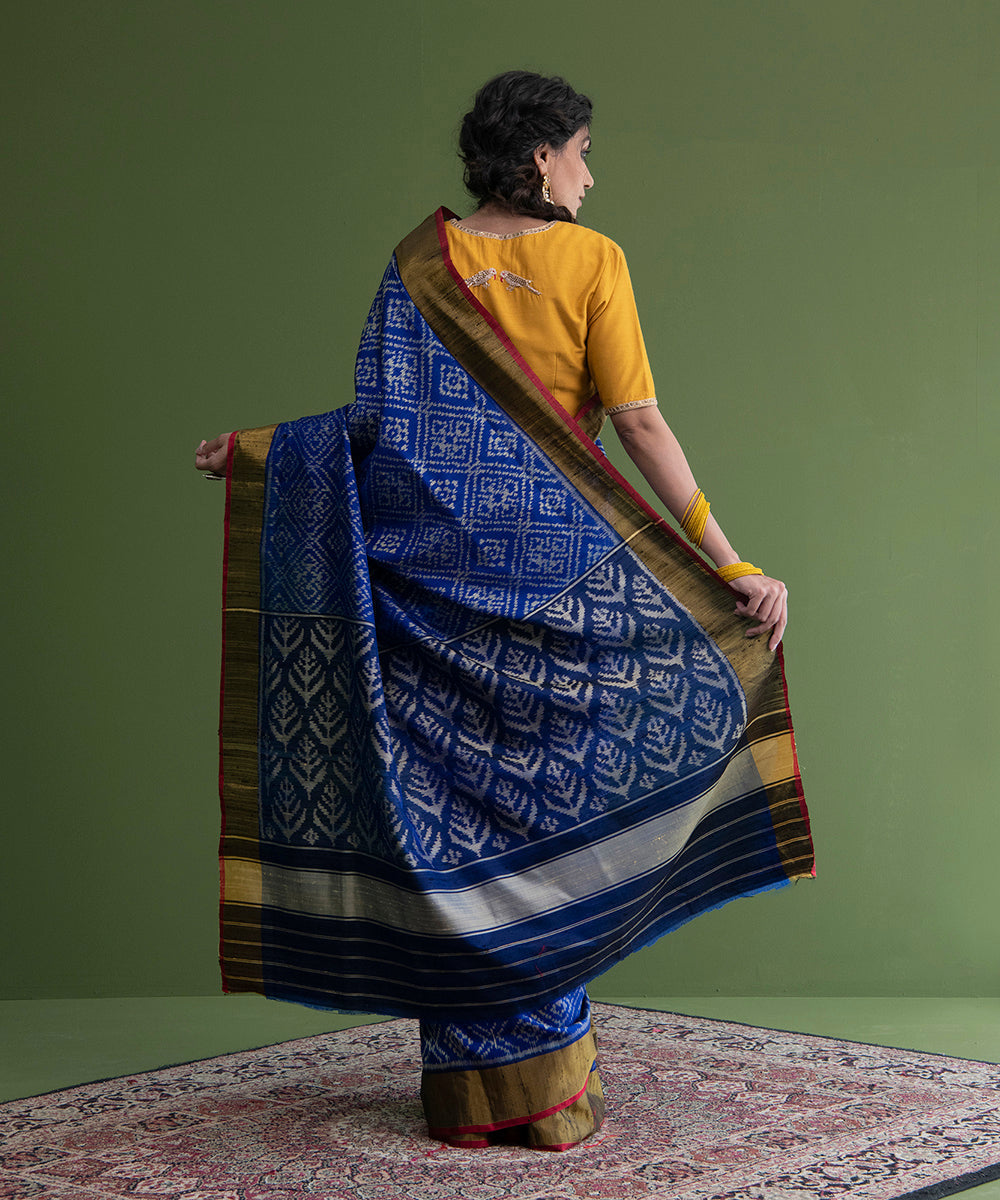 Handloom_Blue_Raw_Silk_Weft_Dyed_Single_Ikat_Rajkot_Patola_Saree_WeaverStory_03