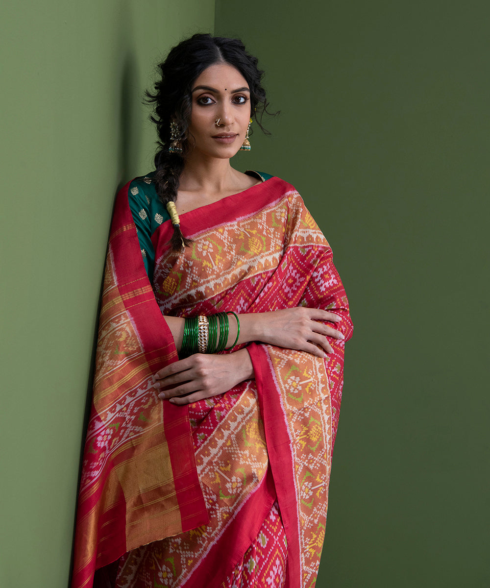 Handloom_Red_Weft_Dyed_Single_Ikat_Mulberry_Silk_Patola_Saree_WeaverStory_01