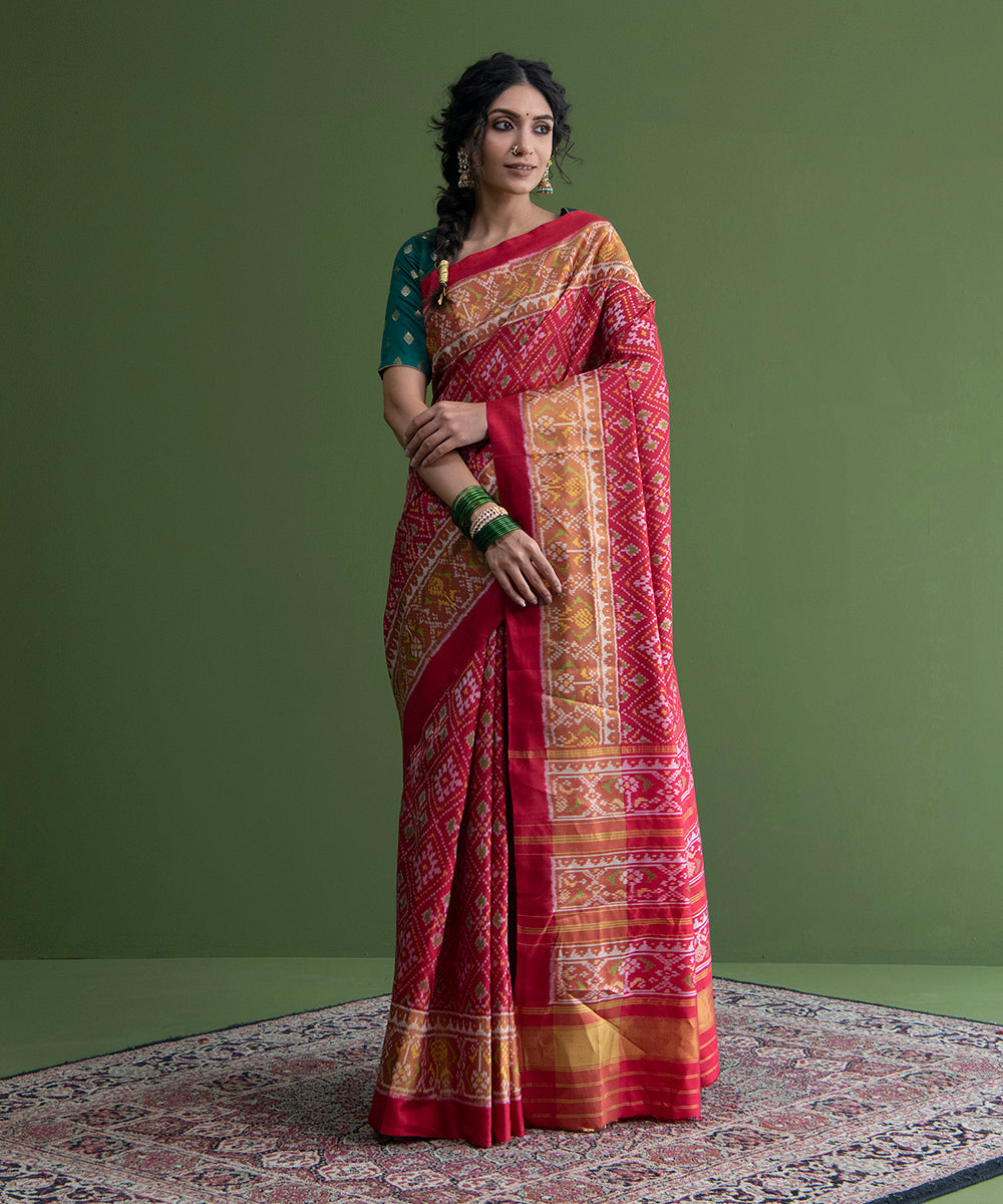 Handloom_Red_Weft_Dyed_Single_Ikat_Mulberry_Silk_Patola_Saree_WeaverStory_02