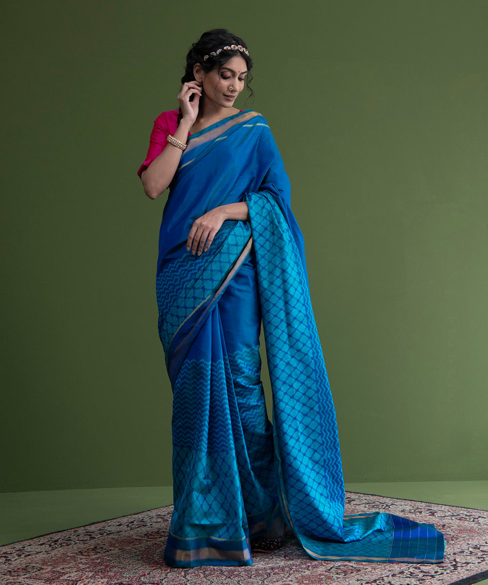 Handloom_Blue_Single_Ikat_Weft_Dyed_Mulberry_Silk_Patola_Saree_With_Royal_Blue_Border_WeaverStory_02