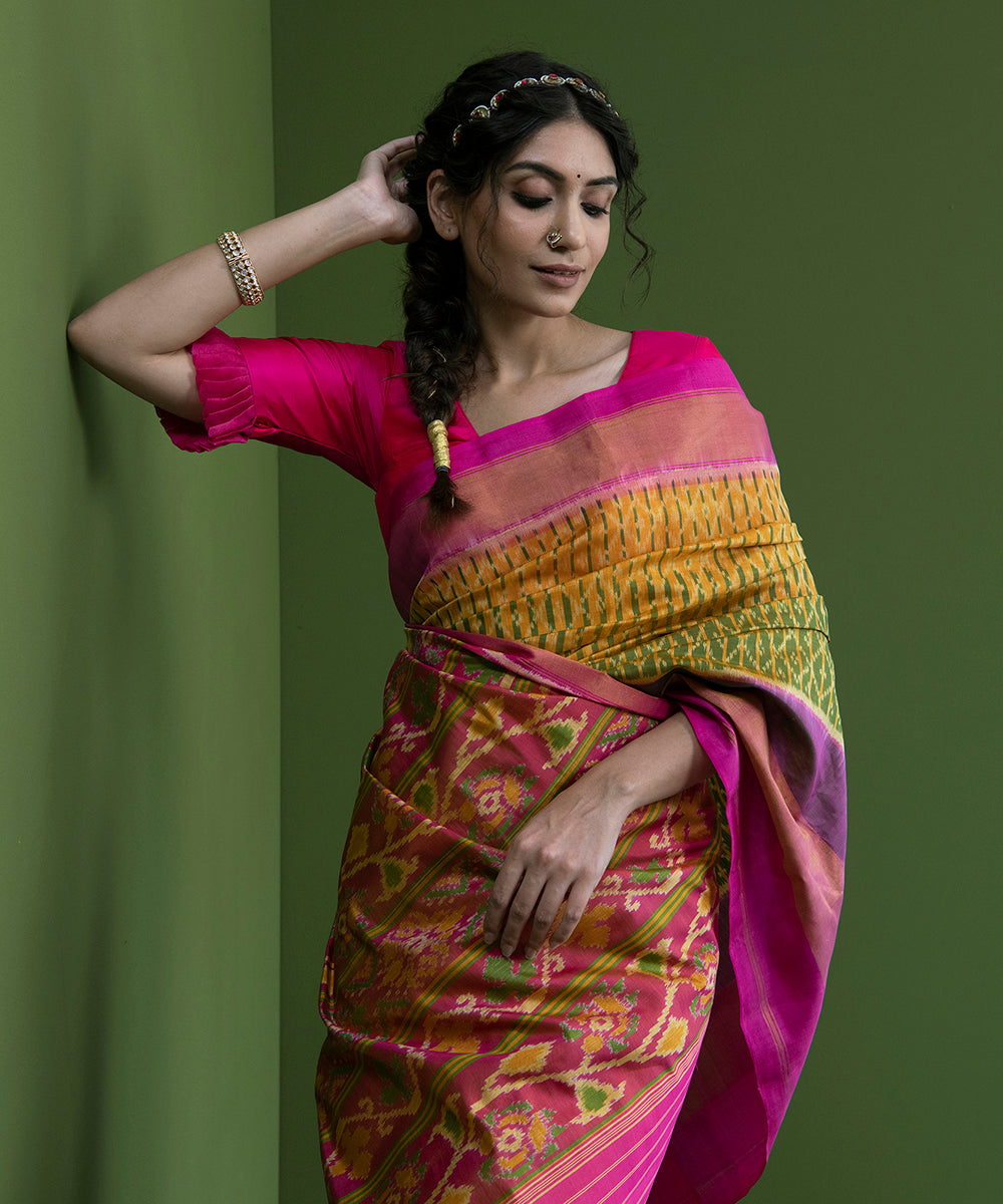 Yellow_And_Green_Handloom_Single_Ikat_Mulberry_Silk_Patola_Saree_With_Pink_Border_WeaverStory_01