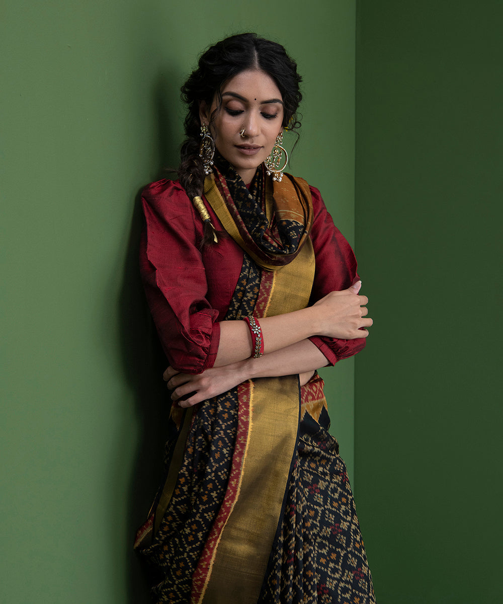 Black_And_Red_Handloom_Weft_Dyed_Mulberry_Silk_Single_Ikat_Patola_Saree_WeaverStory_01