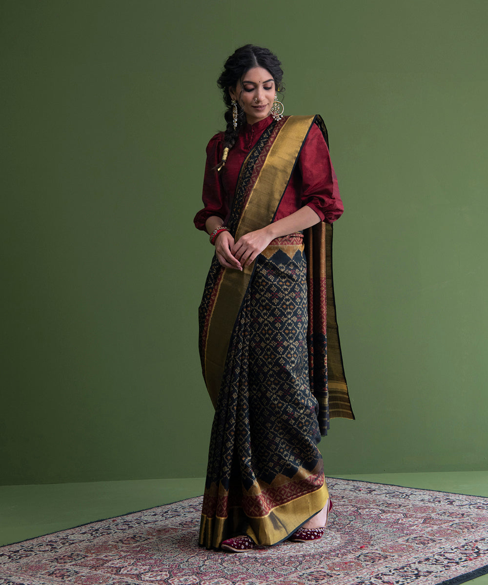 Black_And_Red_Handloom_Weft_Dyed_Mulberry_Silk_Single_Ikat_Patola_Saree_WeaverStory_02