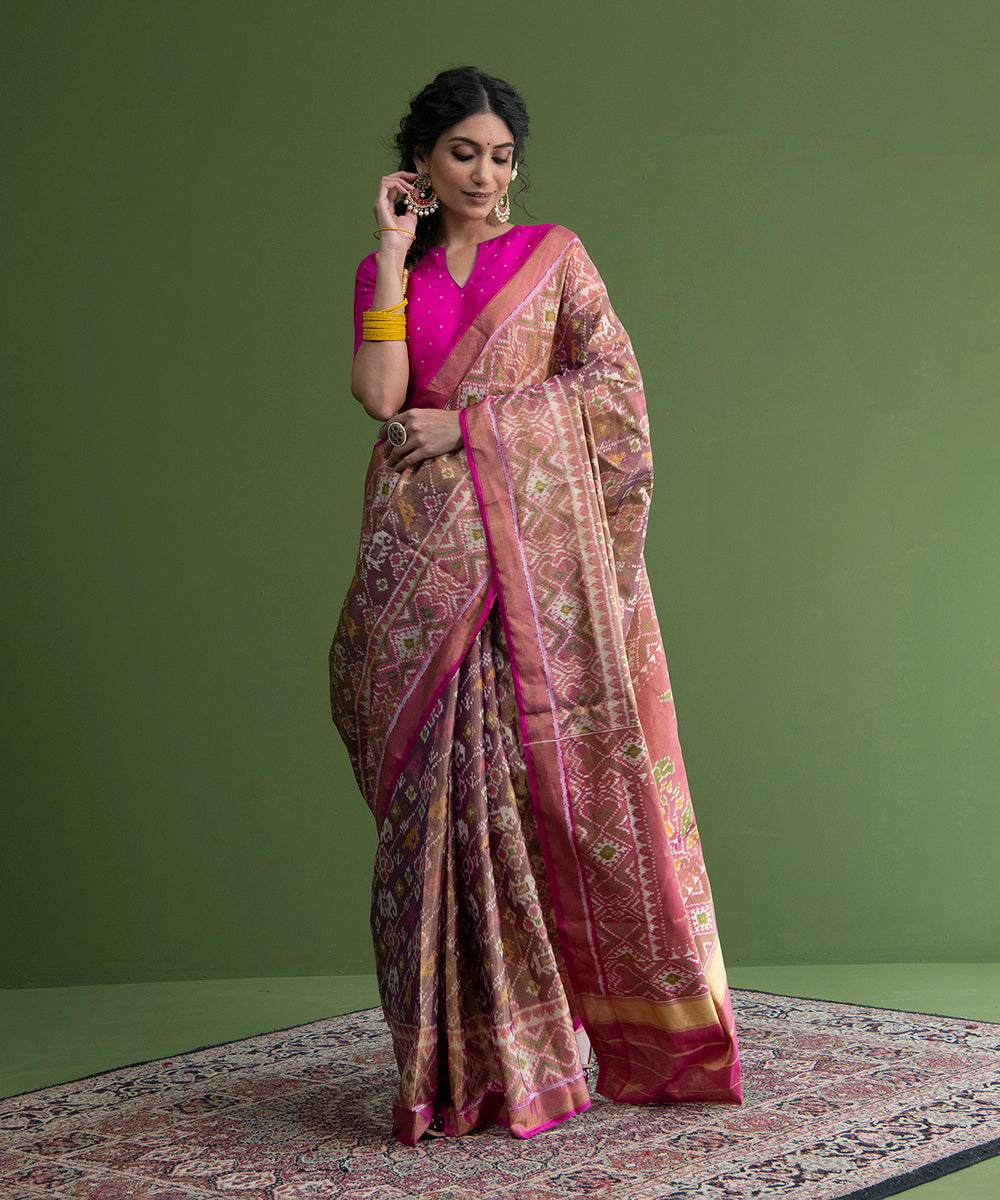 Pink_Handloom_Weft_Dyed_Single_Ikat_Rajkot_Patola_Saree_In_Tissue_WeaverStory_02