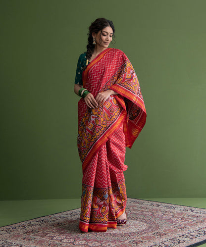 Handloom_Red_Single_Ikat_Weft_Dyed_8_Ply_Mulberry_Silk_Patola_Saree_With_Chevrons_WeaverStory_02