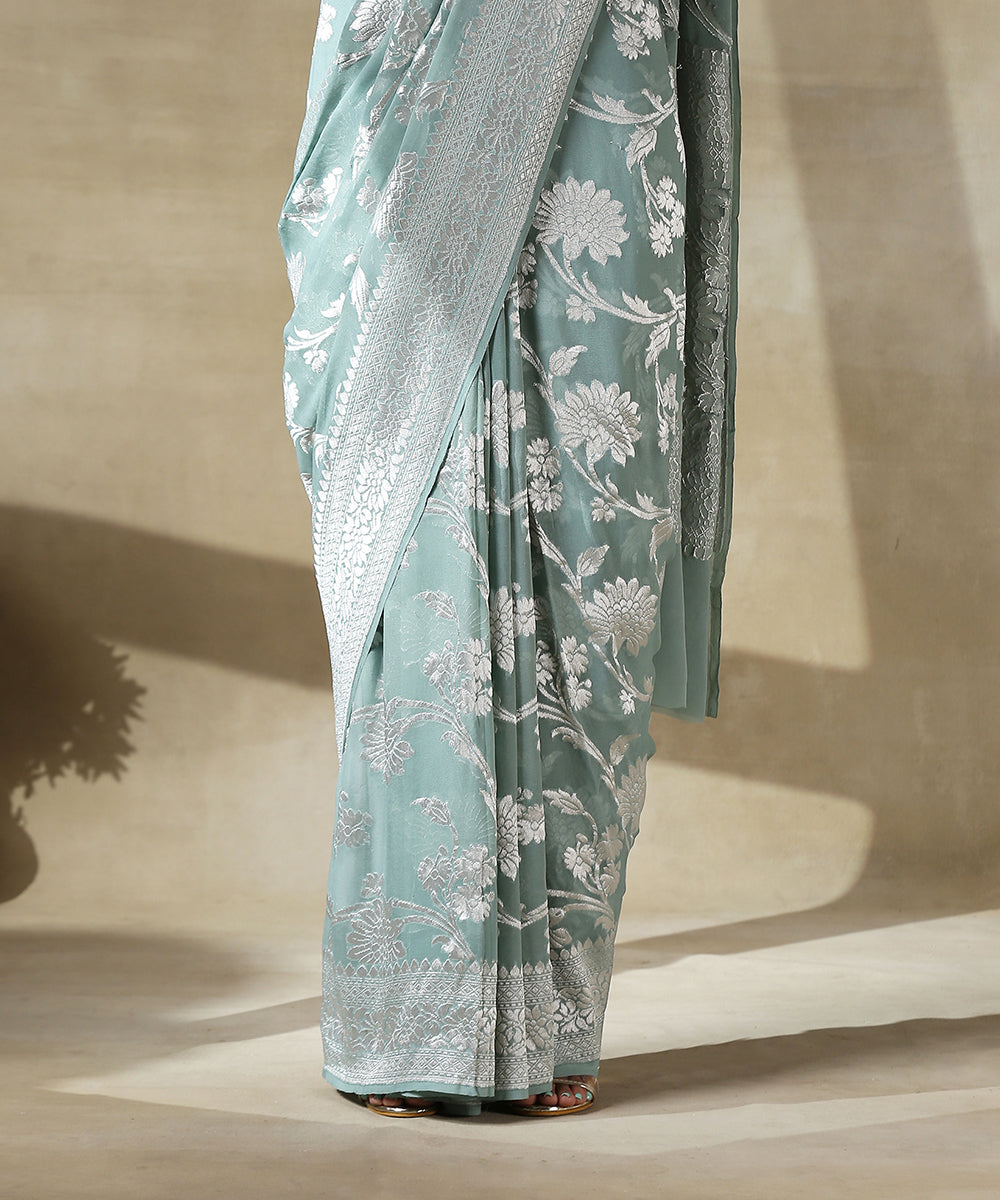 Handloom_Sage_Green_Cutwork_Banarasi_Georgette_Saree_With_Silver_Zari_WeaverStory_04