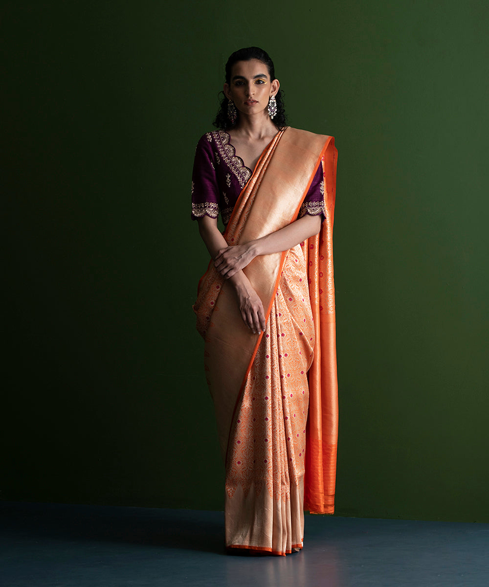 Orange_Handloom_Pure_Katan_Silk_Kimkhab_Shikargah_Banarasi_Saree_with_Zari_Pallu_WeaverStory_02